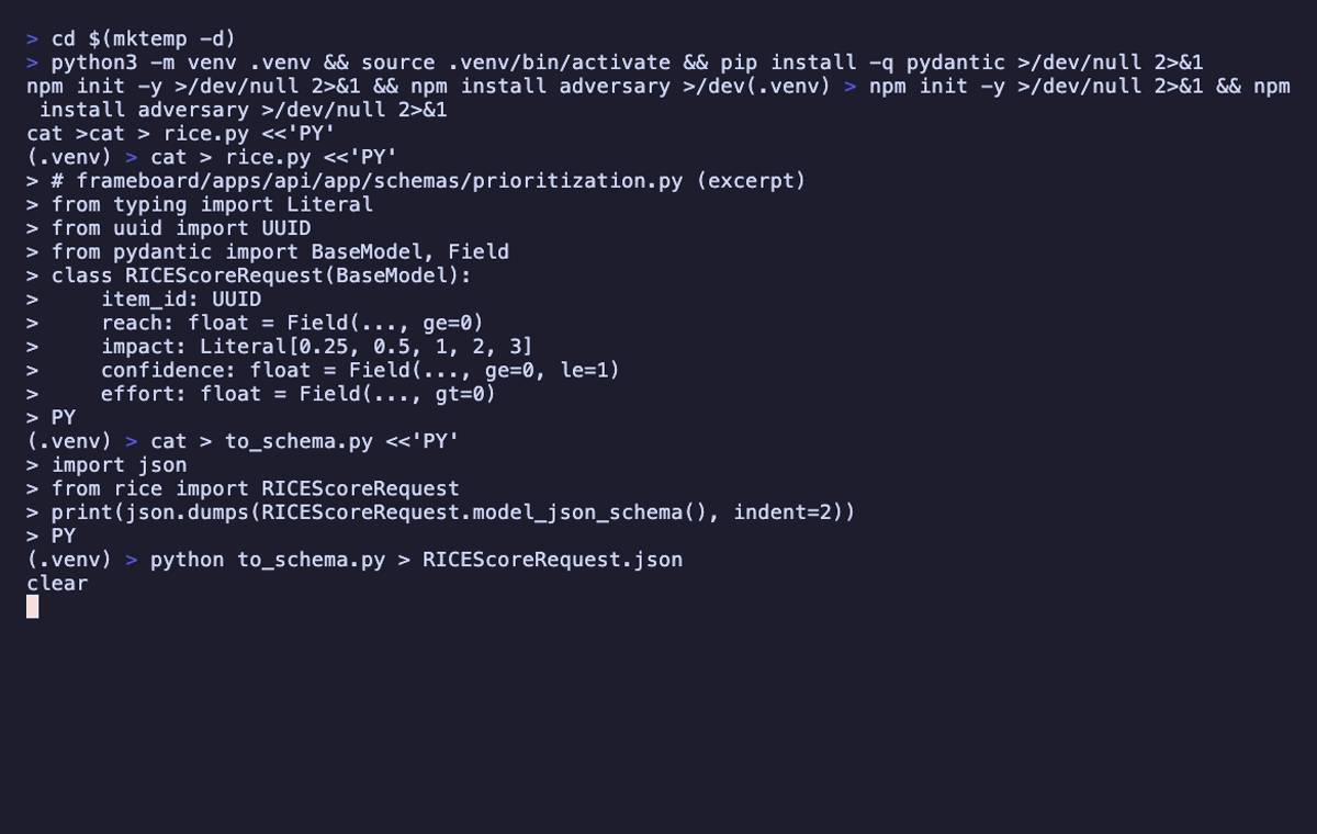 adversary applied to a real FastAPI project's Pydantic model via JSON Schema