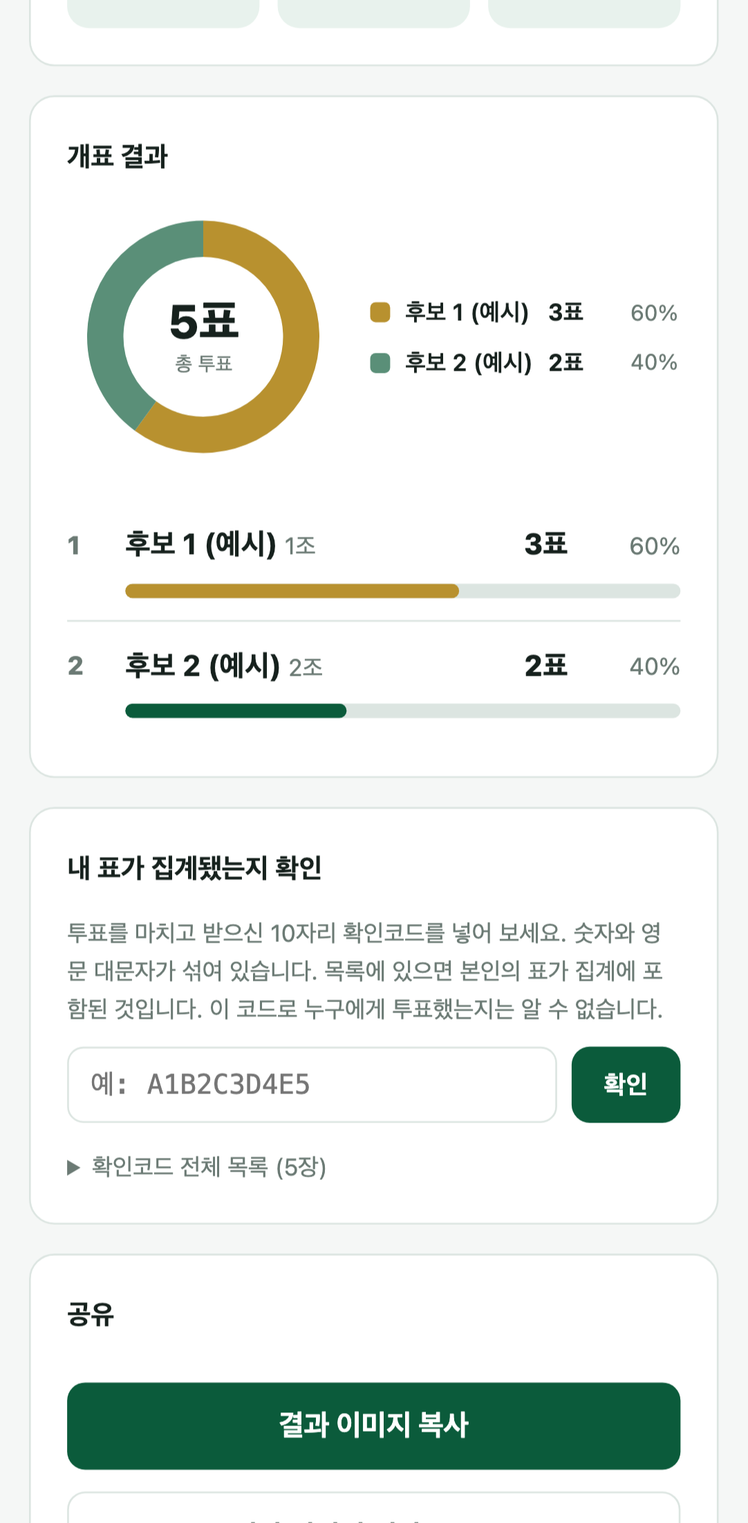 Public result page with winner, turnout, and tally chart