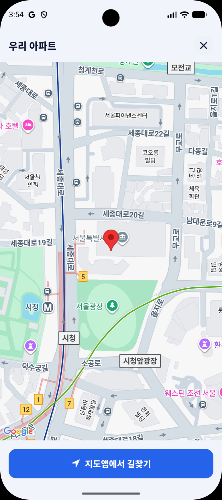 Map view of the saved parking location