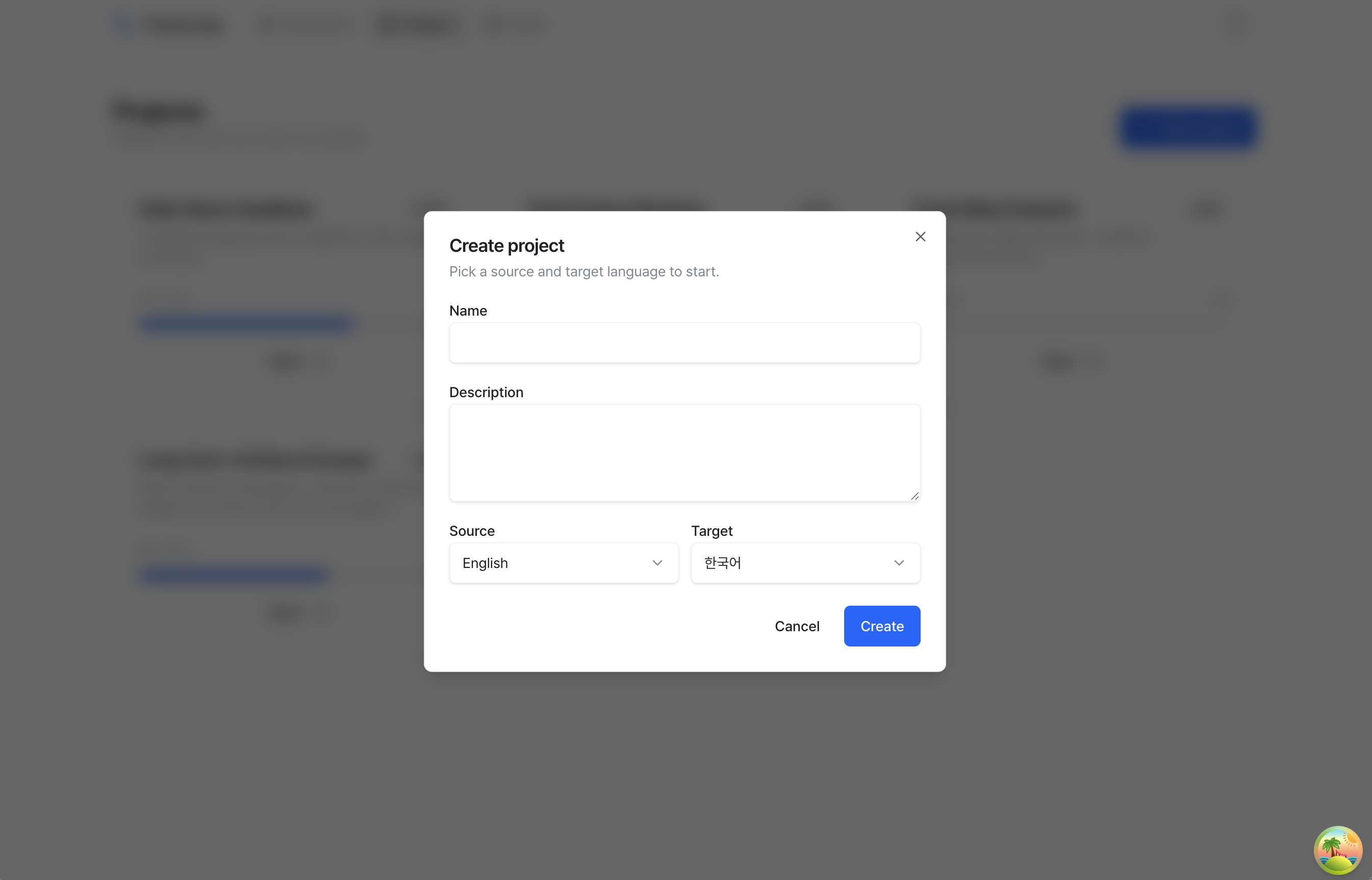 Create-project modal with name, description, source, target